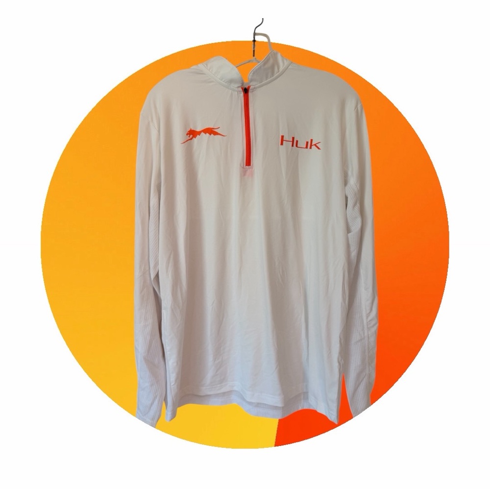 Huk long-sleeve performance shirt with zipper and logo, White & Orange, Sz M